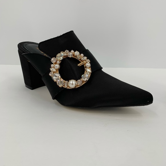 All Black Shoes - All Black satin slides mules pearl rhinestone shoe